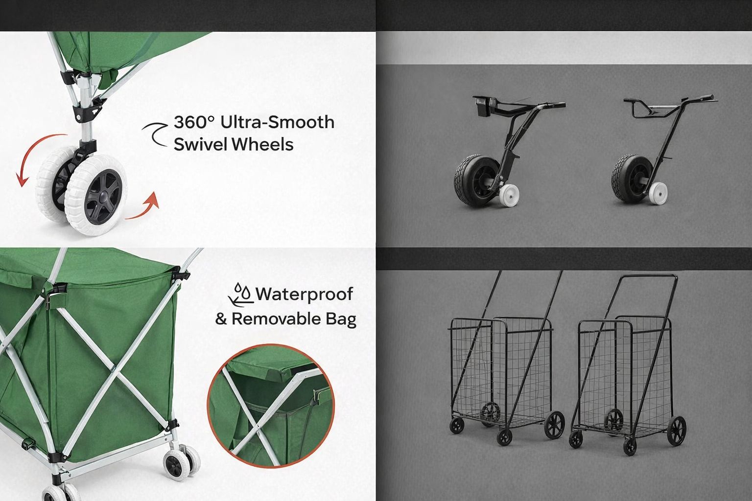 Chariot utilitaire pliable avec sac imperméable et roues pivotantes à 360 degrés.